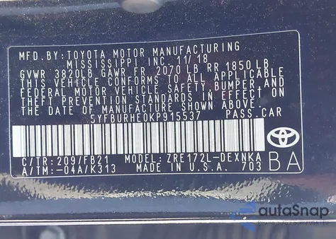 2019 Toyota Corolla Le из США, поврежденный, VIN 5YFBURHE0KP915537